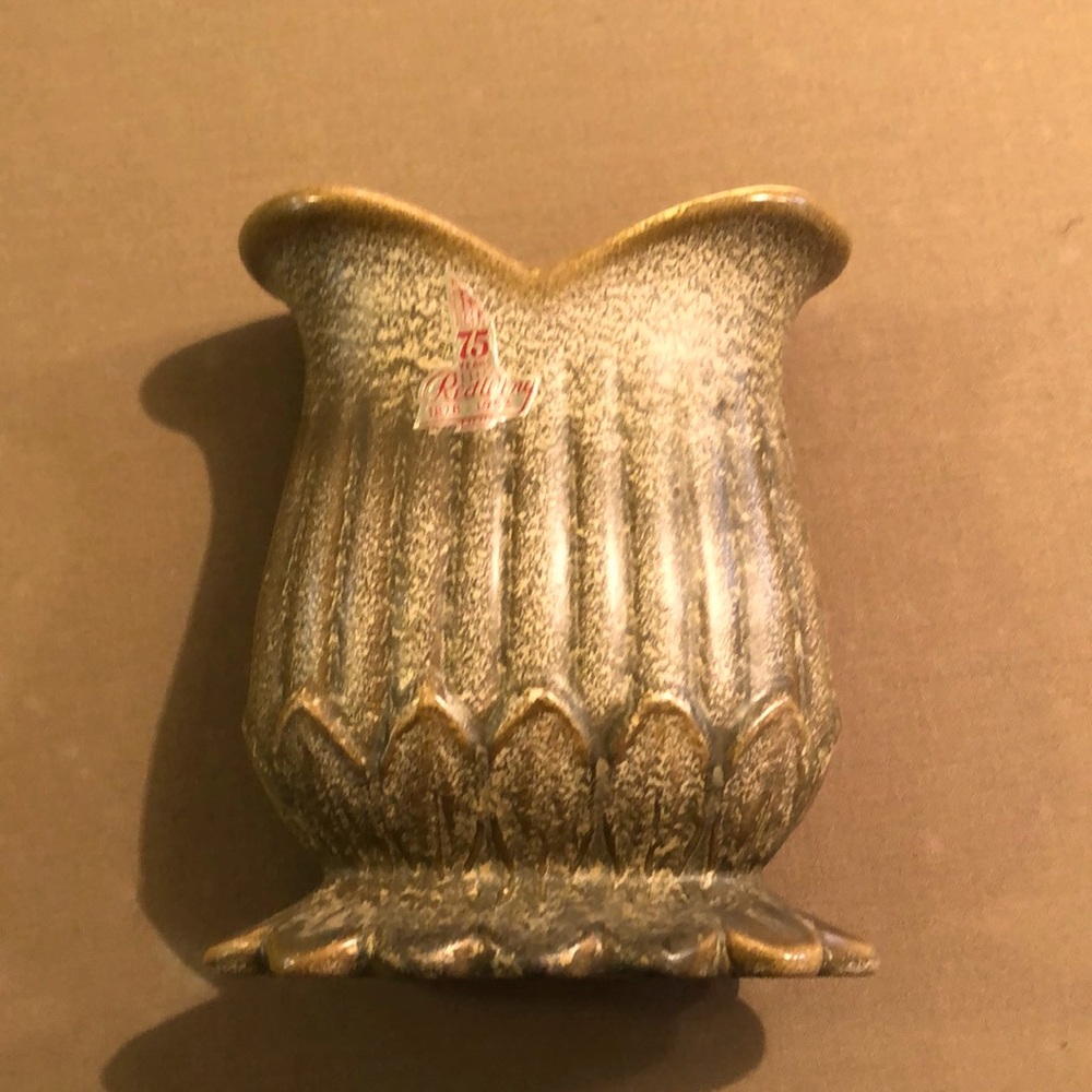 Red Wing green vase, vintage, brown/green speckling glaze on outside.
